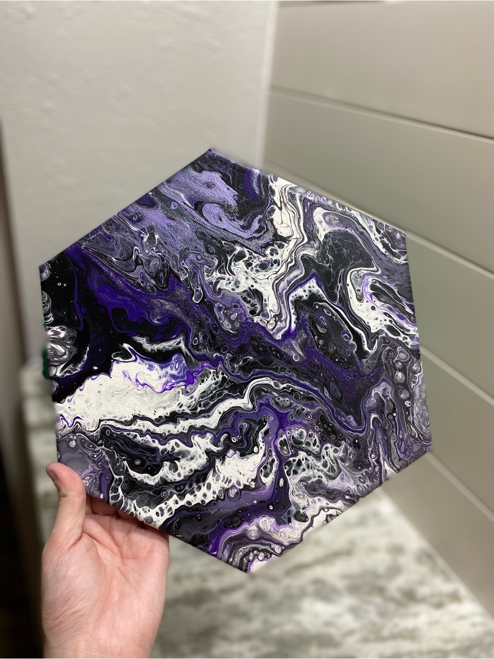Abstract Hexagonal Canvas Art in Purple and Black w/ Glitter